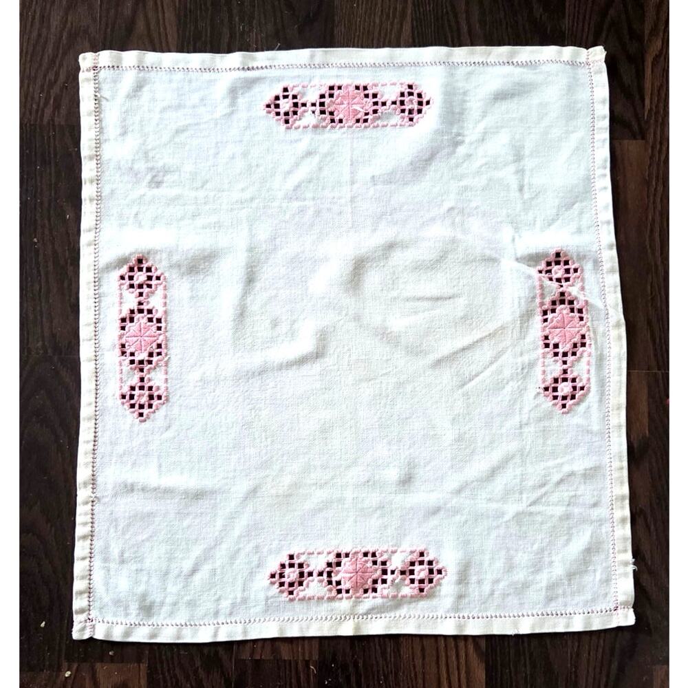 Vintage White Cotton Table Cover with Pink Embroidery Cottage Farmhouse Granny